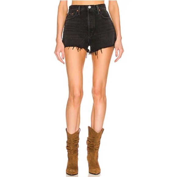 RE / DONE Pants - RE / DONE Jeans 70's High Rise Denim Shorts in Broken Black
